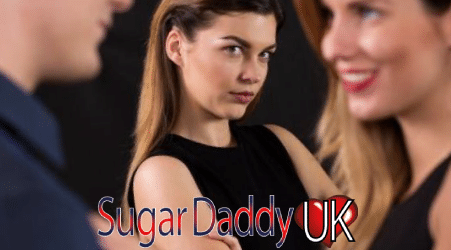 sugarbabe looks jealously at her sugardaddy and wife