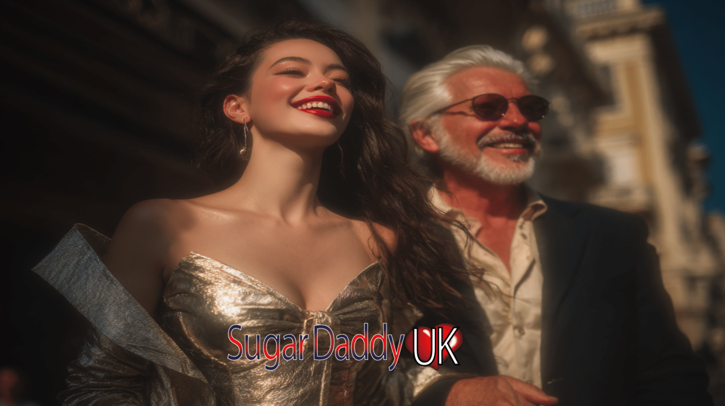 Sugar baby woman and sugar daddy man laugh in a cloudy aura like in a dream, they seem very excited, they are delulu.