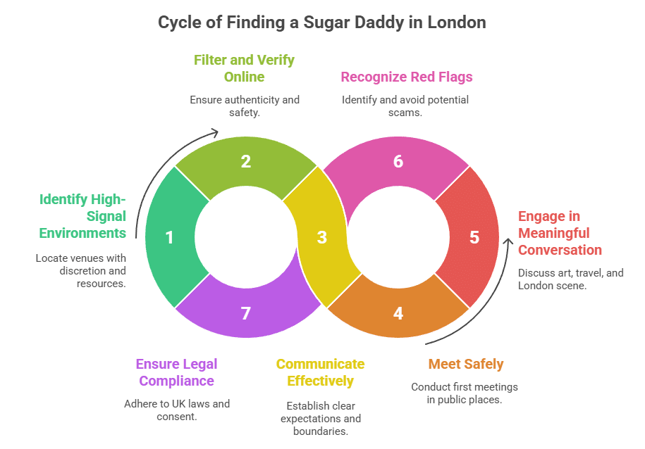 Infographic Cycle of Finding a Sugar Daddy in London
Filter and Verify Online
Recognize Red Flags
Ensure authenticity and safety.
Identify and avoid potential scams.
Identify High-Signal Environments
Engage in Meaningful Conversation
Locate venues with discretion and resources.
Discuss art, travel, and London scene.
Ensure Legal Compliance
Communicate Effectively
Meet Safely
Conduct first meetings in public places.
Adhere to UK laws and consent.
Establish clear expectations and boundaries.