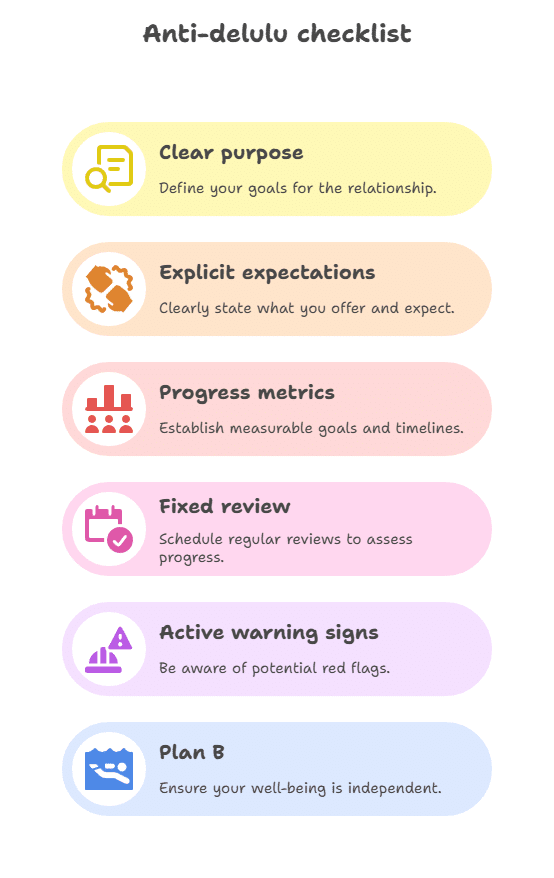 infographic: Anti-delulu checklist
Clear purpose
Define your goals for the relationship.
Explicit expectations
Clearly state what you offer and expect.
Progress metrics
Establish measurable goals and timelines.
Fixed review
Schedule regular reviews to assess progress.
Active warning signs
Be aware of potential red flags.
Plan B
Ensure your well-being is independent.