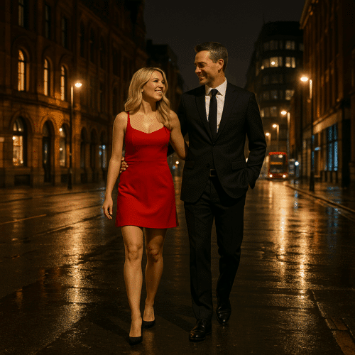 couple strolling through Manchester at night, very elegant