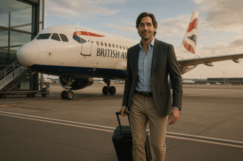 Man with hand luggage with a British Airways plane in the background at London airport
