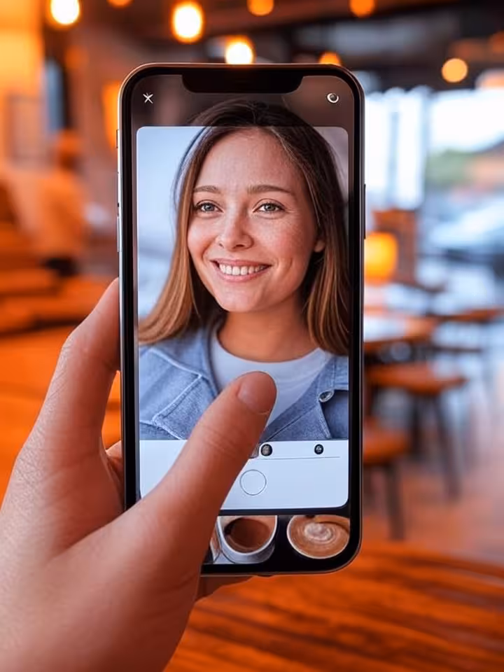 close-up of mobile phone screen displaying dating profile interface, warm ambient lighting, finger s