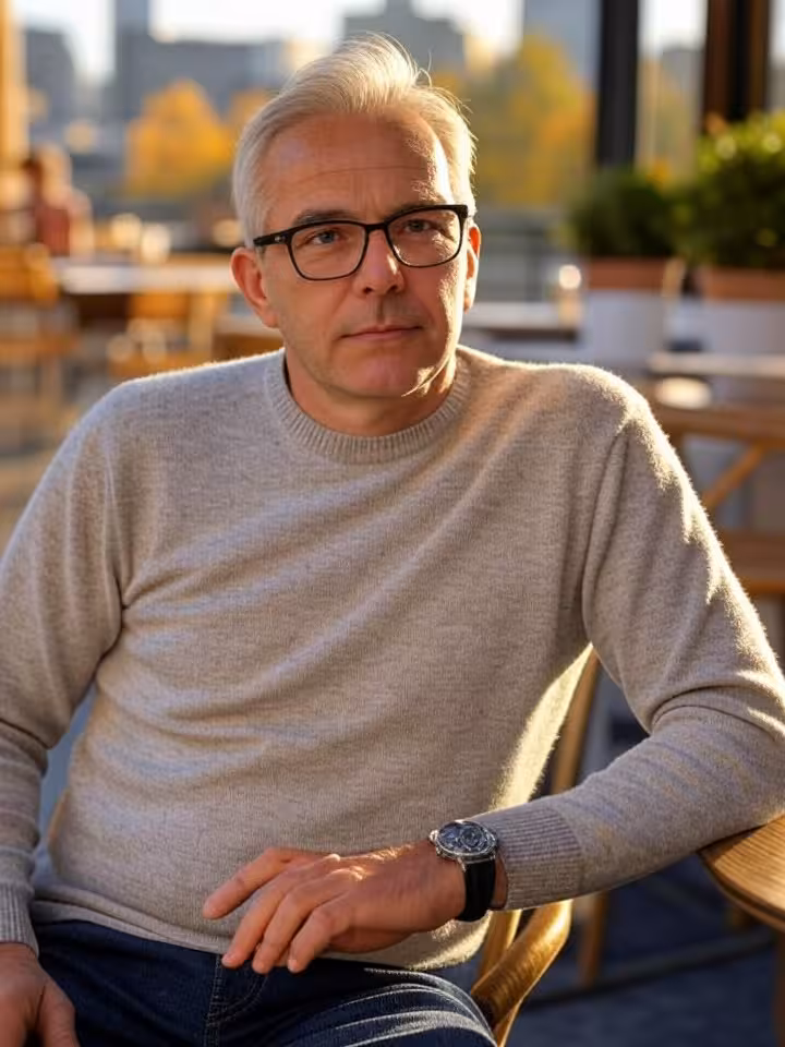 Stylish mature gentleman aged 50-55 having coffee at upscale British café terrace, autumn setting, w