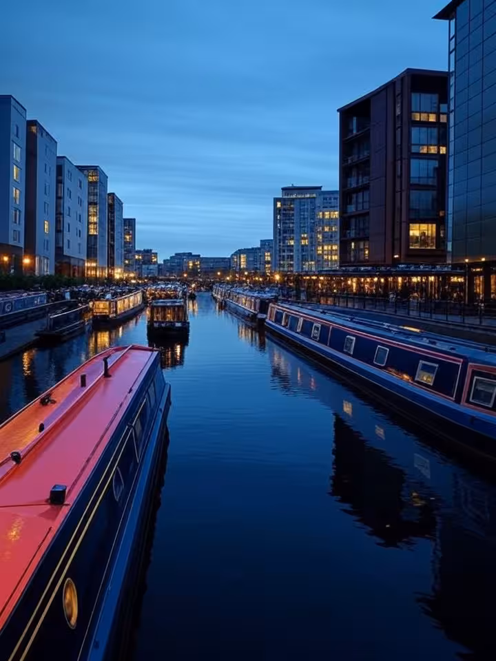Canal-side evening scene in Birmingham city centre, illuminated narrowboats and waterside bars, Gas