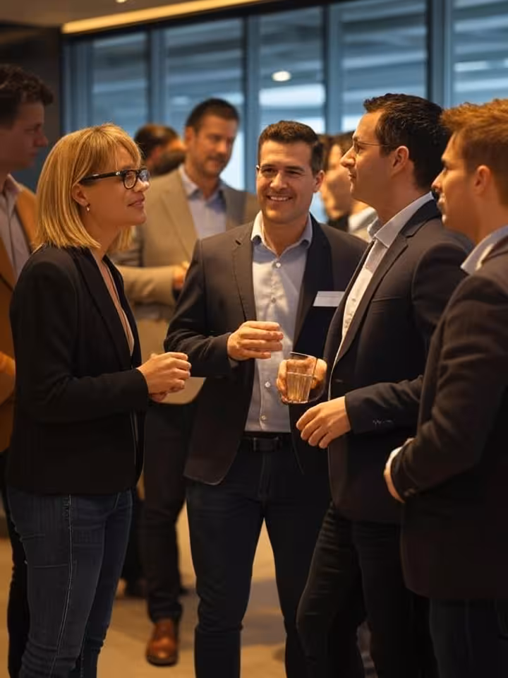 Diverse group of successful British professionals aged 40-60 at networking event in contemporary Man