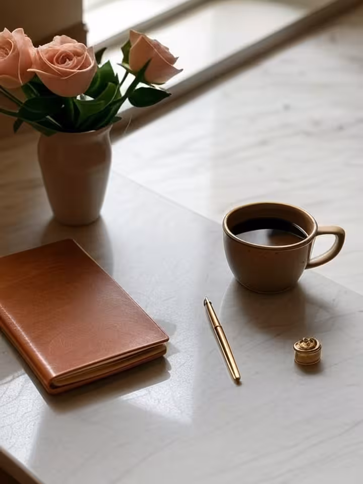 overhead flat lay composition of lifestyle items: leather notebook, quality coffee cup, fresh flower