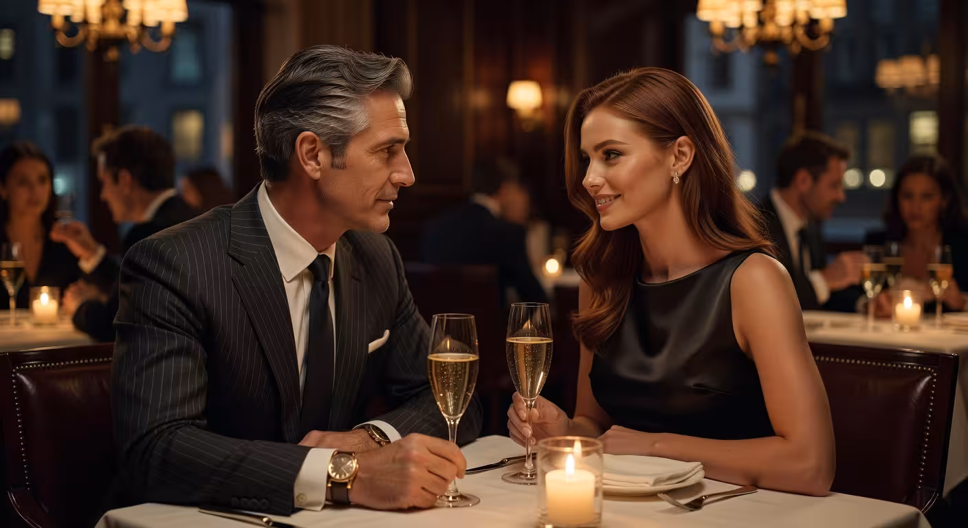 Sugar dating couple enjoying intimate conversation over champagne in upscale London restaurant