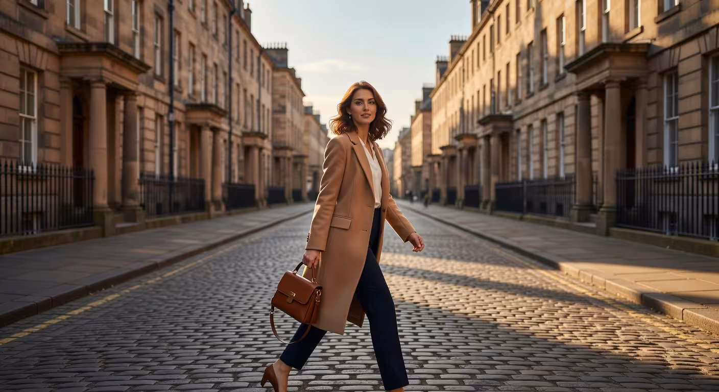 Confident young woman walking through Edinburgh's elegant New Town streets at sunset