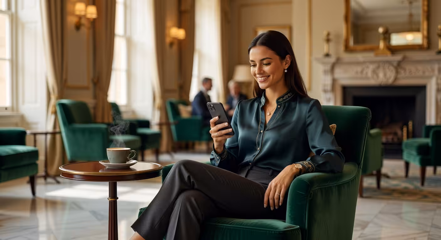 Young woman relaxing in luxury Bath hotel lobby with coffee and phone