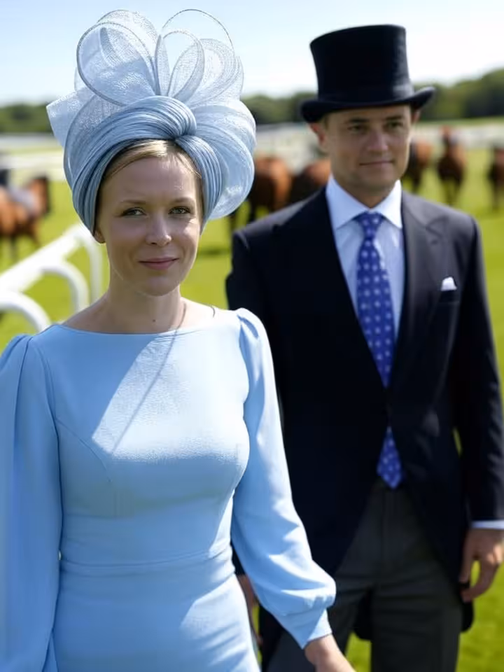 Sugar couple dressed formally at Royal Ascot observing horses before race