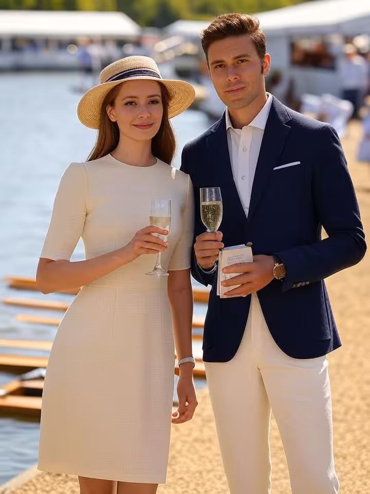Elegant British couple arriving at Henley Royal Regatta with champagne and programme