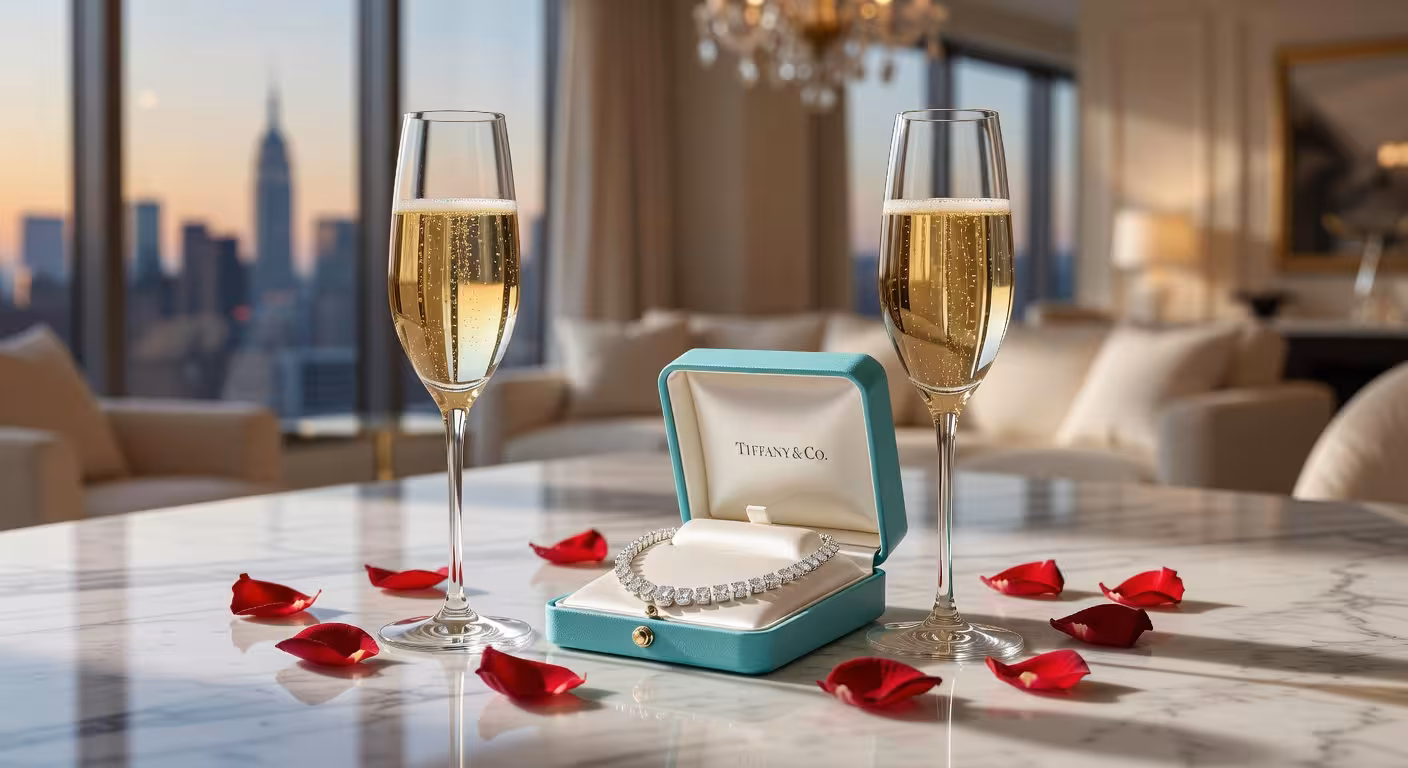 Champagne glasses and diamond jewellery in luxury hotel suite setting