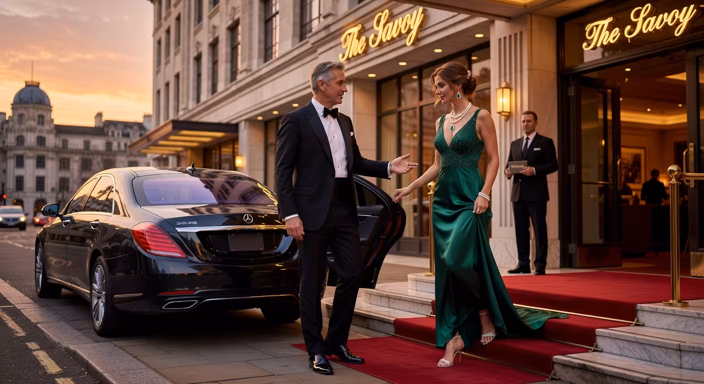 Elegant couple arriving at exclusive London venue for evening event