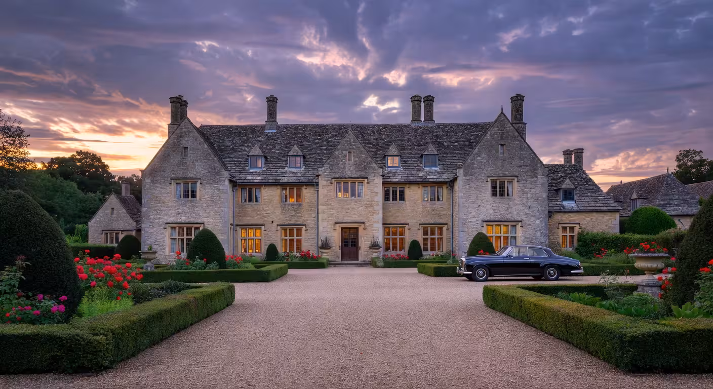 Exclusive Cotswolds country house hotel illuminated at sunset