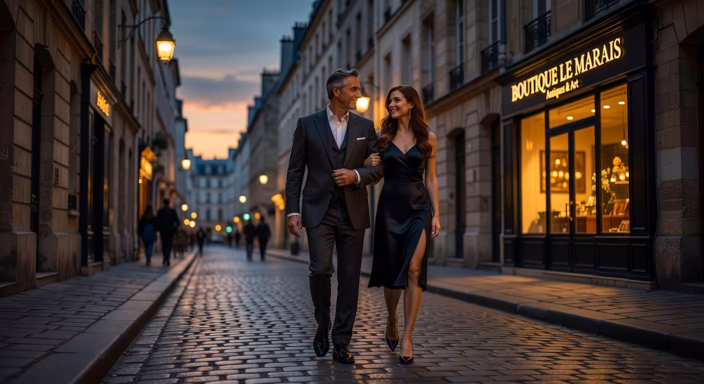 Sophisticated couple enjoying romantic evening stroll through Paris Le Marais